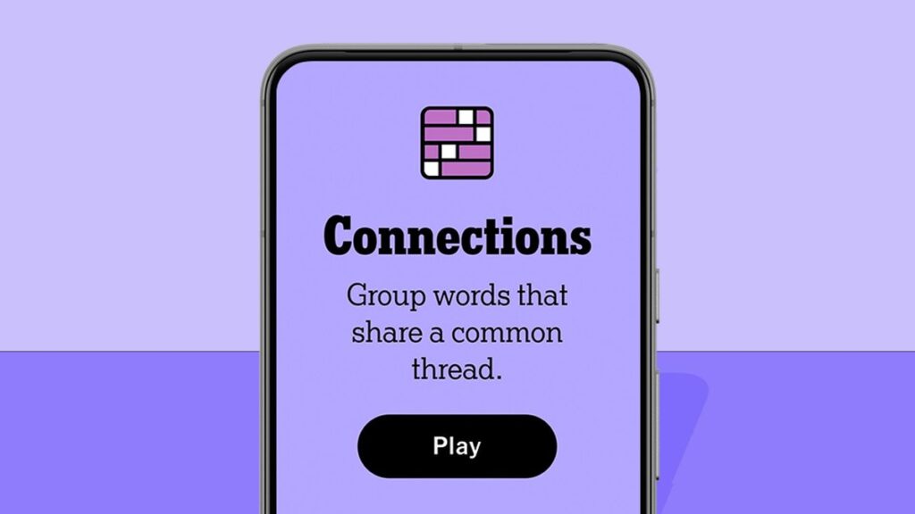 NYT Connections homescreen on a phone, on a purple background