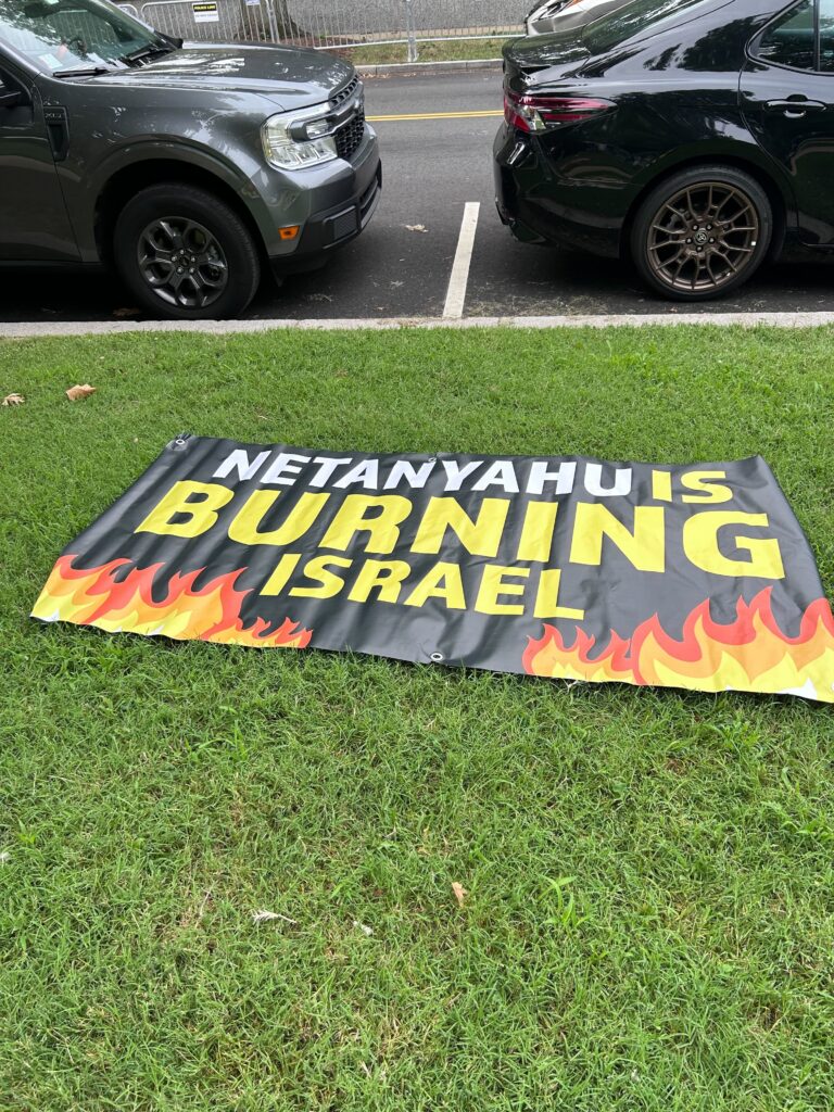 An example of protest signs being prepped ahead of Israeli Prime Minister Benjamin Netanyahu's speech. There's already massive security on the Hill.