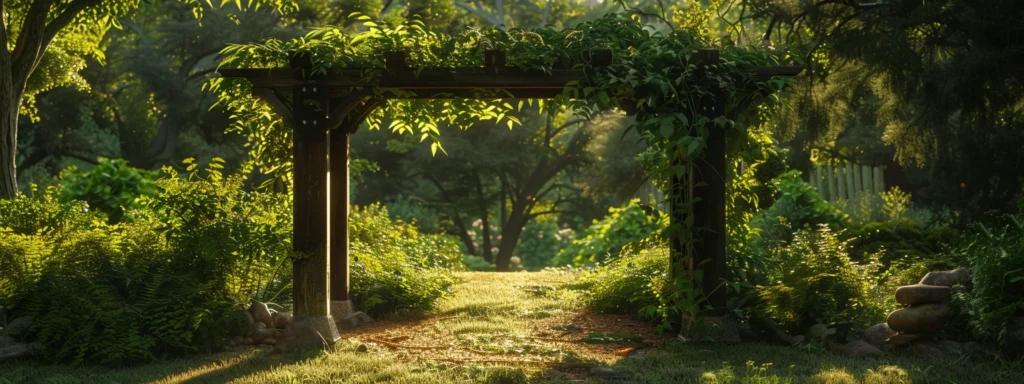 a serene garden with a beautiful arbor surrounded by lush greenery.