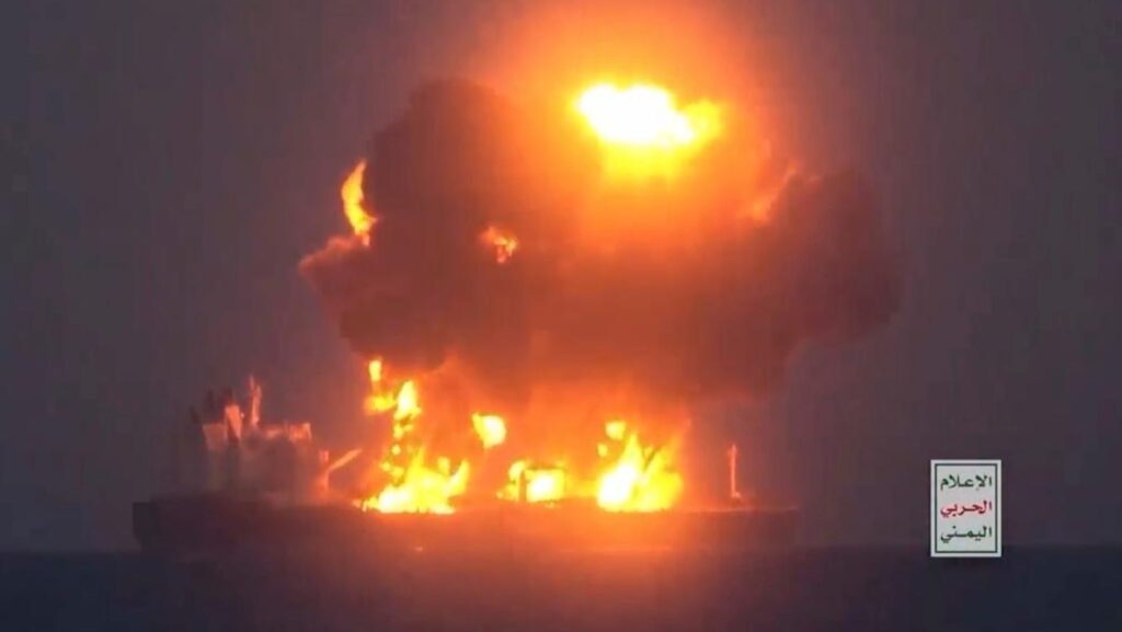 Fires break out on abandoned Greek-flagged oil tanker Sounion that Yemen rebels attacked in Red Sea