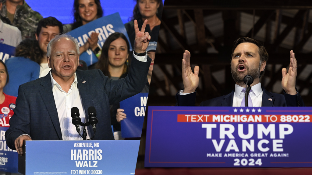 Left: Governor and Vice Presidential hopeful Tim Walz delivers a speech as he attends a rally in battleground state NC in Asheville NC, United States on September 17, 2024. Right: Republican vice presidential nominee U.S. Sen. JD Vance (R-OH) speaks to supporters during a campaign event at the Northwestern Michigan Fair grounds on September 25, 2024 in Traverse City, Michigan. Republican presidential nominee former President Donald Trump is scheduled to host two campaign events in the state on Friday.