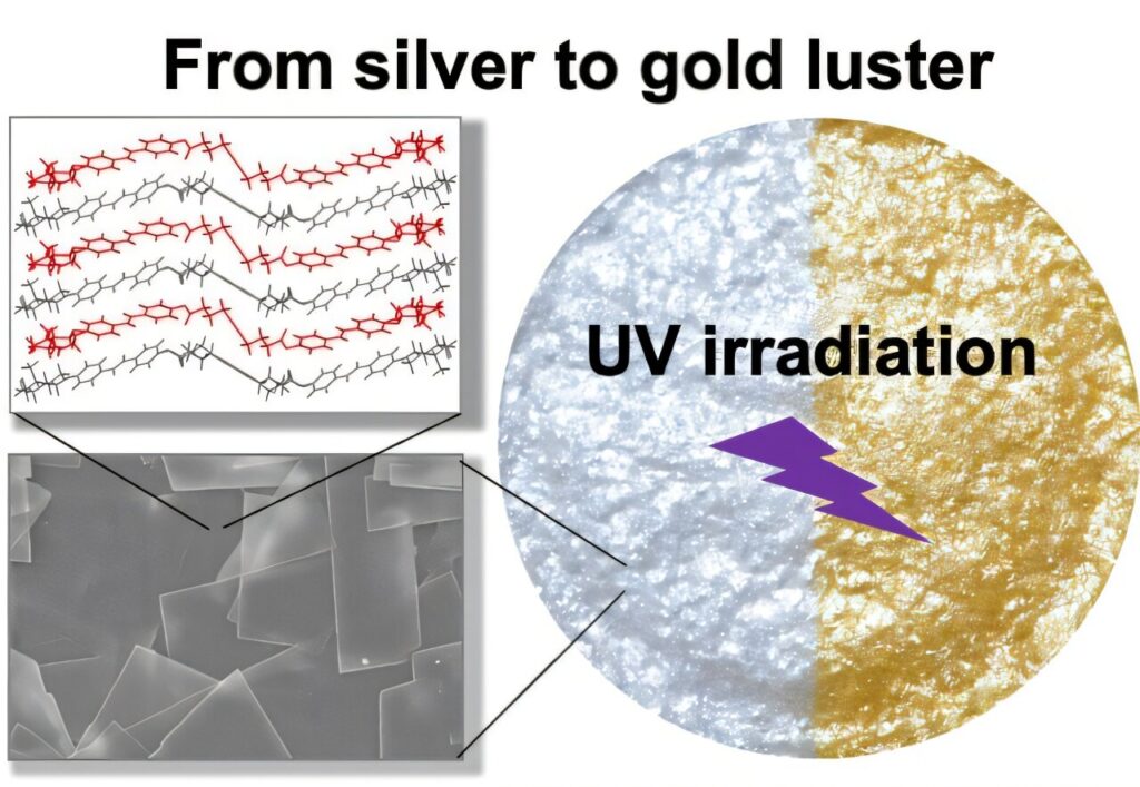 Metallic luster material can change color from silver to gold under UV light