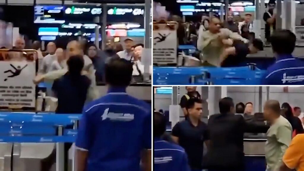 Enraged passenger unloads flurry of punches on airport worker, wild video shows