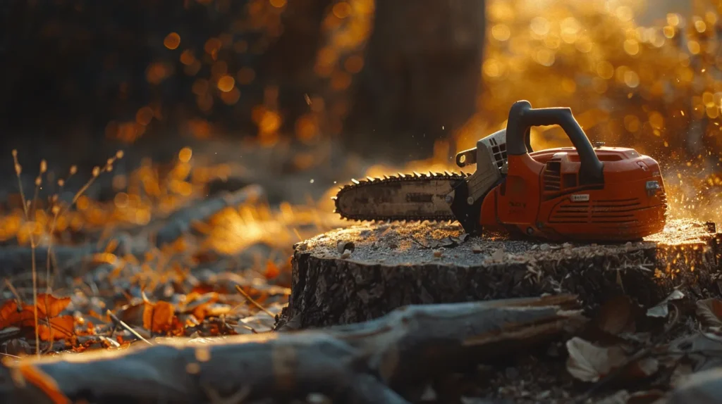 chainsaw on a tree stump in a forest